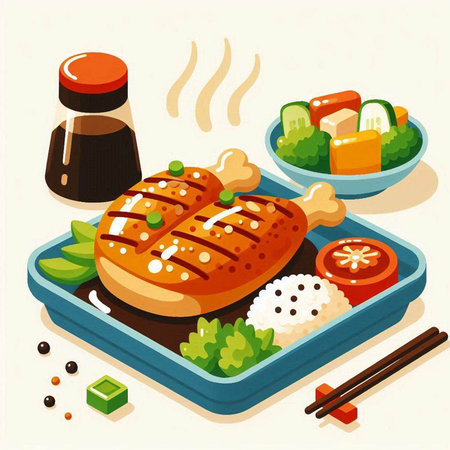 Vector illustration of a grilled chicken with rice, soy sauce and chopsticksのイラスト素材