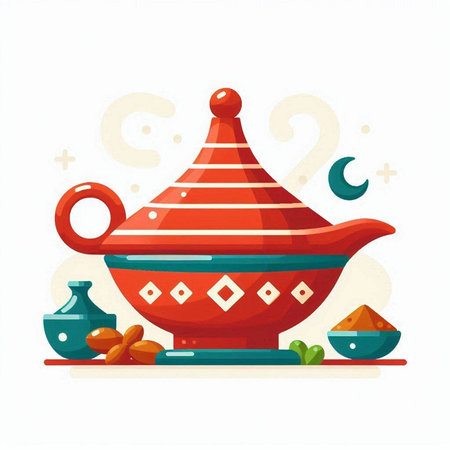 Ceramic teapot and bowl with spices. Vector illustrationのイラスト素材