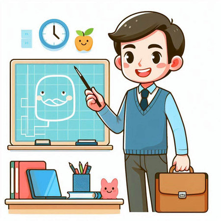 Vector illustration of a teacher in the classroom with a smiley faceのイラスト素材