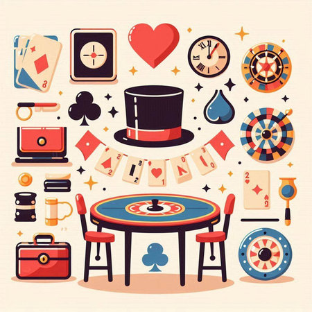 Casino elements set. Vector illustration in flat design style. Gambling, poker, roulette, poker chips, dice, playing cards, playing cards, dice, roulette wheel.のイラスト素材