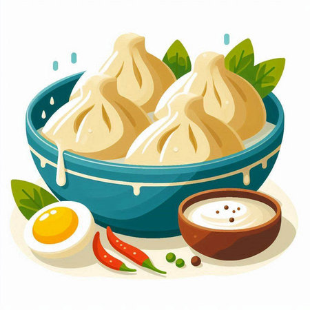 Vector illustration of dumplings with sour cream in a bowl.のイラスト素材