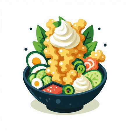 Illustration of a bowl of noodle with fresh vegetables and sour creamのイラスト素材