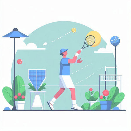 Tennis player flat vector illustration. Cartoon man playing tennis on the tennis court.のイラスト素材