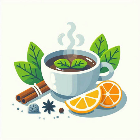 Cup of tea with cinnamon, orange and star anise. Vector illustration.のイラスト素材
