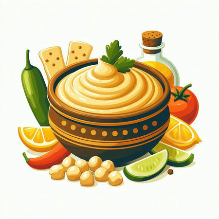 Bowl of hummus with ingredients for making hummus. Vector illustration.のイラスト素材