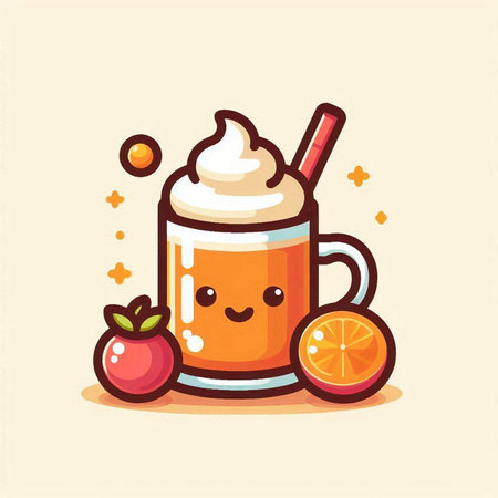 Cute cartoon cup of coffee with whipped cream, orange and apple. Vector illustration.のイラスト素材