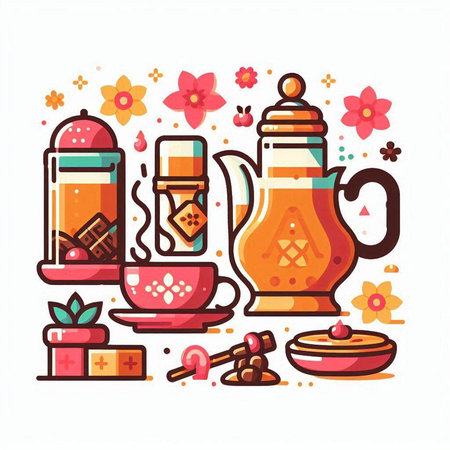 Cup of tea and teapot. Vector illustration in flat styleのイラスト素材