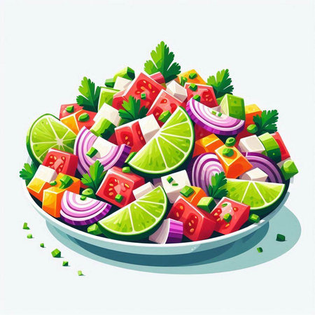 Vegetable salad in a plate on a white background. Vector illustration.のイラスト素材
