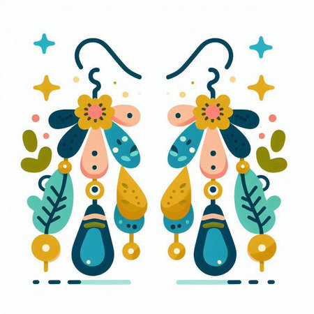 Earrings with flowers and leaves. Hand drawn vector illustration.のイラスト素材