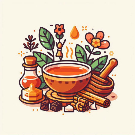 Honey in bowl with spoon, honeycomb, cinnamon and flower. Vector illustration.のイラスト素材