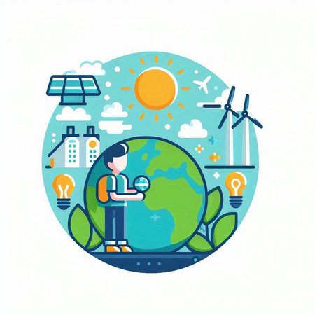 Ecology concept with man holding globe and solar panels. Vector illustrationのイラスト素材