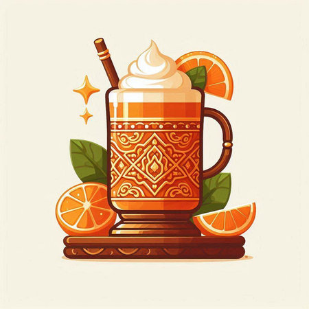 Mulled wine with whipped cream and orange slices. Vector illustration.のイラスト素材