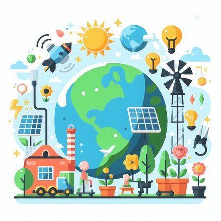 Ecology and environment concept. Solar panels, wind turbines, solar panels, watering can, globe, house, flower pots. Vector illustrationのイラスト素材