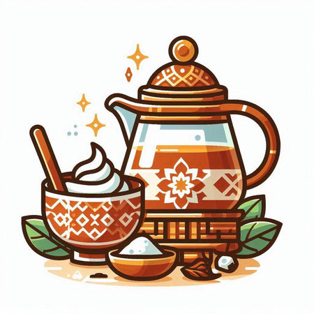 Tea set with teapot and cup of hot drink. Vector illustration.のイラスト素材