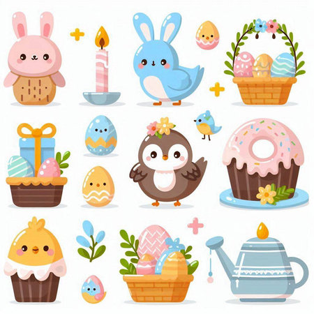 Set of cute easter icons. Vector illustration in cartoon style.のイラスト素材