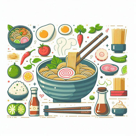 Bowl of noodle soup with chopsticks and ingredients. Vector illustration.のイラスト素材