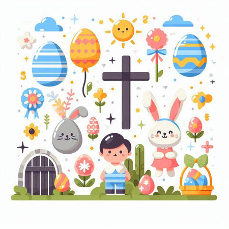 Easter greeting card with cute bunny, eggs, cross and flowers. Vector illustration.のイラスト素材