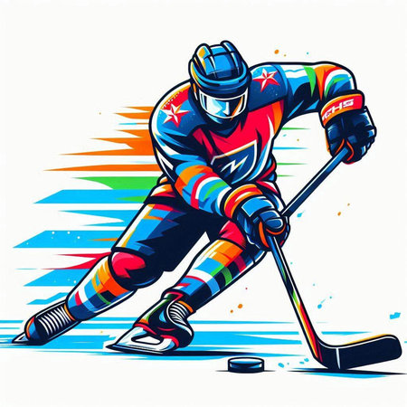 Ice hockey player with the stick and puck. Colorful vector illustration.のイラスト素材