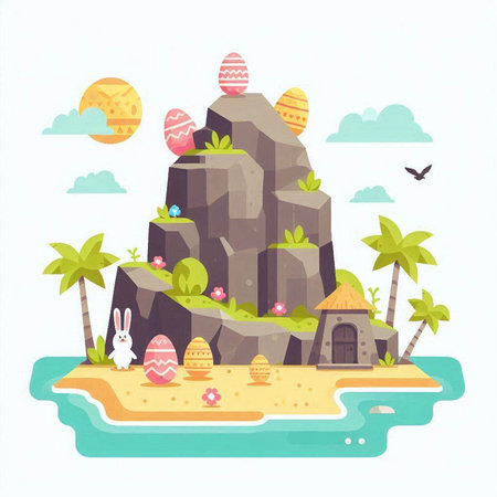Easter island with eggs and bunny on the beach. Vector illustrationのイラスト素材