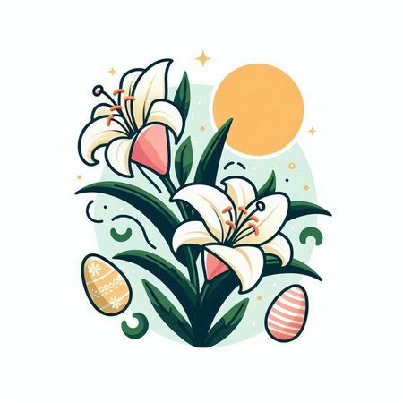 Easter greeting card with lily flowers and eggs. Vector illustration.のイラスト素材