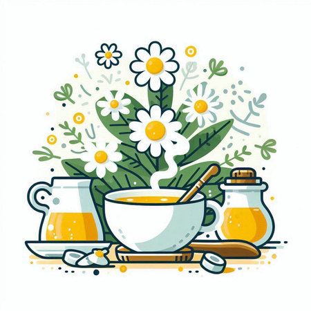 Cup of tea with chamomile and honey. Vector illustration.のイラスト素材