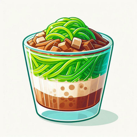 Illustration of a glass of green noodle soup with chocolate chipsのイラスト素材
