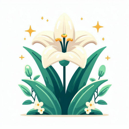 White lily flower with green leaves and flowers. Vector illustration.のイラスト素材