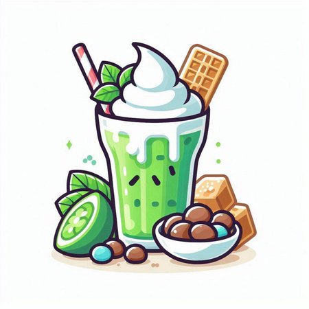 Green tea smoothie with ice cream and mint, vector illustration.のイラスト素材