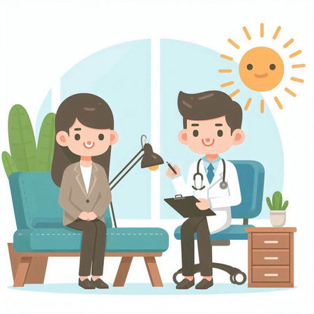 Male doctor and female patient sitting on sofa in the office. Vector illustration.のイラスト素材