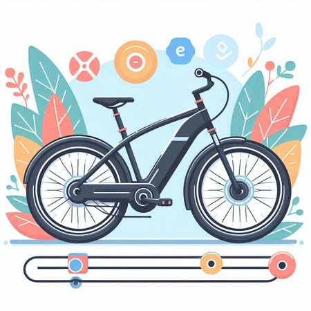 Vector illustration of a bicycle on a background of flowers and plants.のイラスト素材