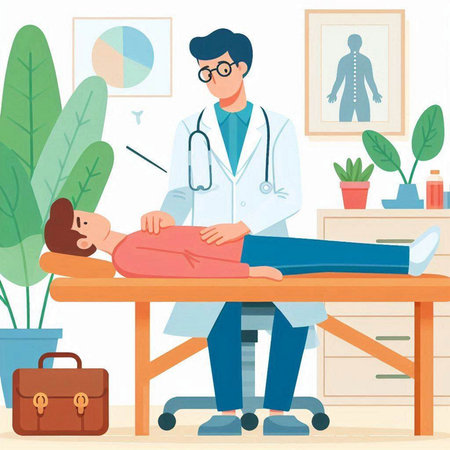 Doctor examining a patient lying on a table. Flat style vector illustration.のイラスト素材