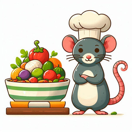 Rat chef with a bowl of vegetables. Vector illustration on white background.のイラスト素材