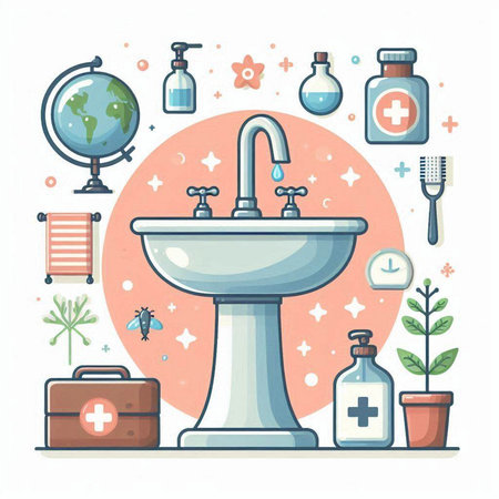 Bathroom vector illustration. Washbasin, toilet, washbasin, sanitizer, soap dispenser, hand sanitizer, first aid kit, globe and other elements.のイラスト素材