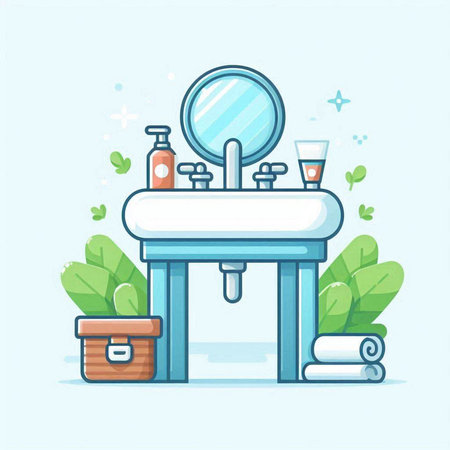 Bathroom interior with sink, mirror, towels and plants. Vector illustrationのイラスト素材