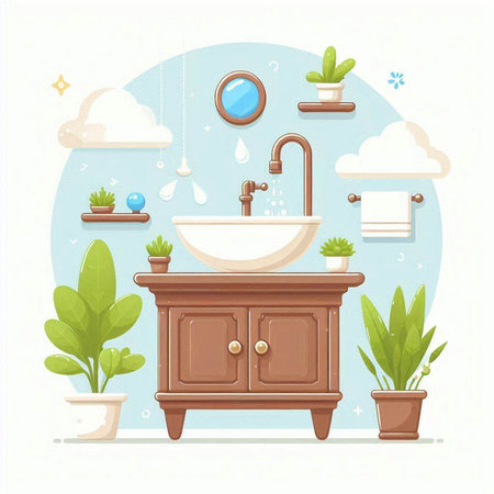 Bathroom interior with sink, mirror and plants. Vector illustrationのイラスト素材