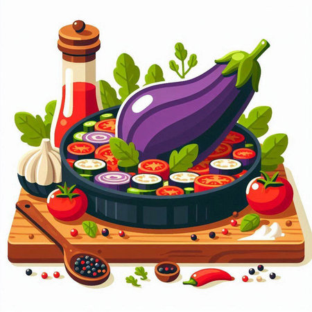 Vegetable eggplant in a frying pan. Vector illustration.のイラスト素材