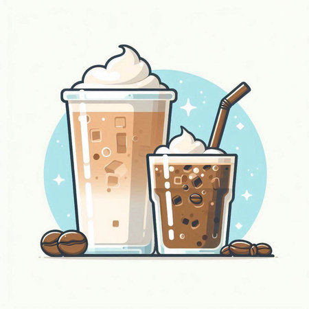 Iced coffee with whipped cream in a tall glass. Vector illustration.のイラスト素材