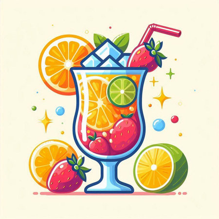 Cocktail with fruits and ice. Colorful vector illustration.のイラスト素材
