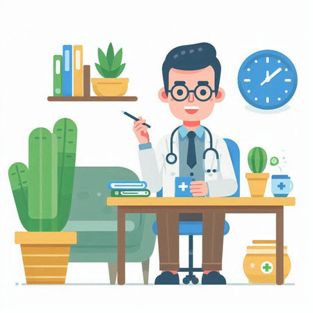 Doctor sitting at his desk in his office. Vector flat illustration.のイラスト素材