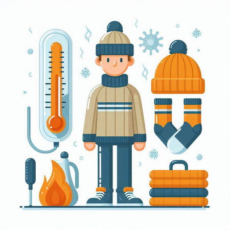 Winter cold weather. Man in warm clothes with thermometer and winter accessories. Vector illustrationのイラスト素材