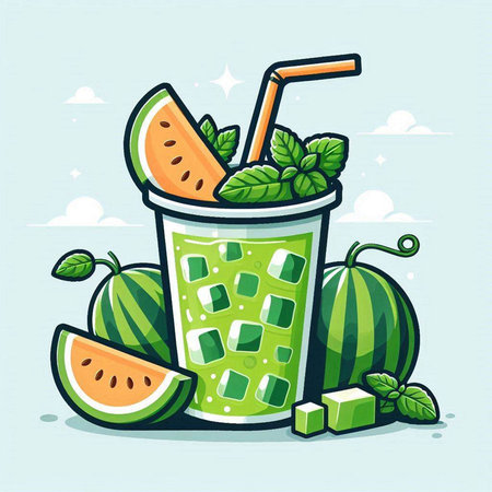 Watermelon smoothie in a glass with mint leaves. Vector illustration.のイラスト素材