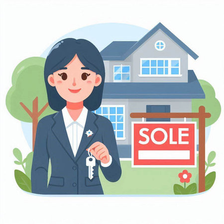 Real estate agent woman with house and key. Vector illustration in flat styleのイラスト素材