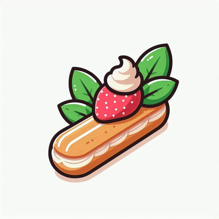 Strawberry eclair with whipped cream and mint leaves. Vector illustration.のイラスト素材