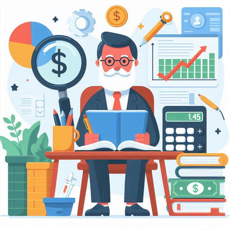 Businessman with a book and a magnifying glass sitting at his desk. Vector illustrationのイラスト素材
