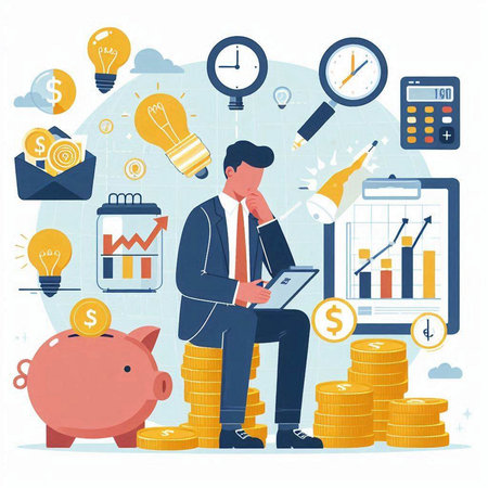 Businessman thinking about money and piggy bank. Flat vector illustration.のイラスト素材