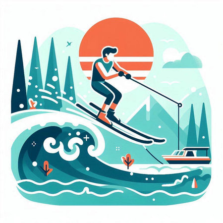 Freeride sport vector illustration in flat cartoon style. Skier skiing on the water.のイラスト素材