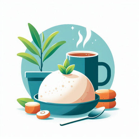 Coffee time vector illustration. Hot coffee with ice cream in blue ceramic cup, macaroons and green leaves.のイラスト素材