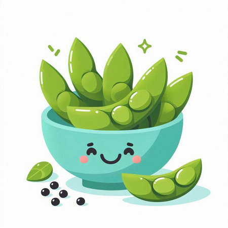 Illustration of green peas in bowl on white background. Vector illustration.のイラスト素材