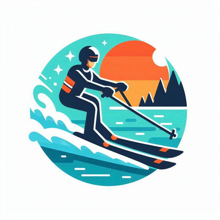 Skier on the background of the sunset. Flat style vector illustration.のイラスト素材
