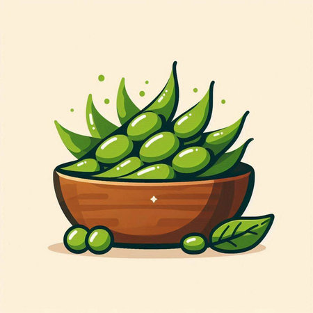 Illustration of green peas in a wooden bowl. Vector illustration.のイラスト素材
